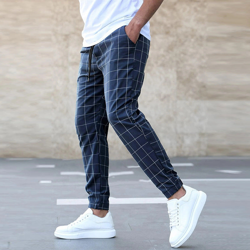 Men's Casual Drawstring Trousers - Plaid Print Pants