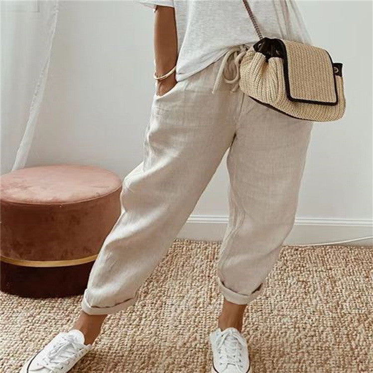 Women's Fashion Cotton Linen Solid Colour Casual Pants
