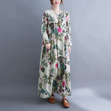 Literary Plus Size Printed Long Sleeve Dress For Women