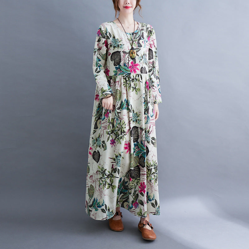 Literary Plus Size Printed Long Sleeve Dress For Women