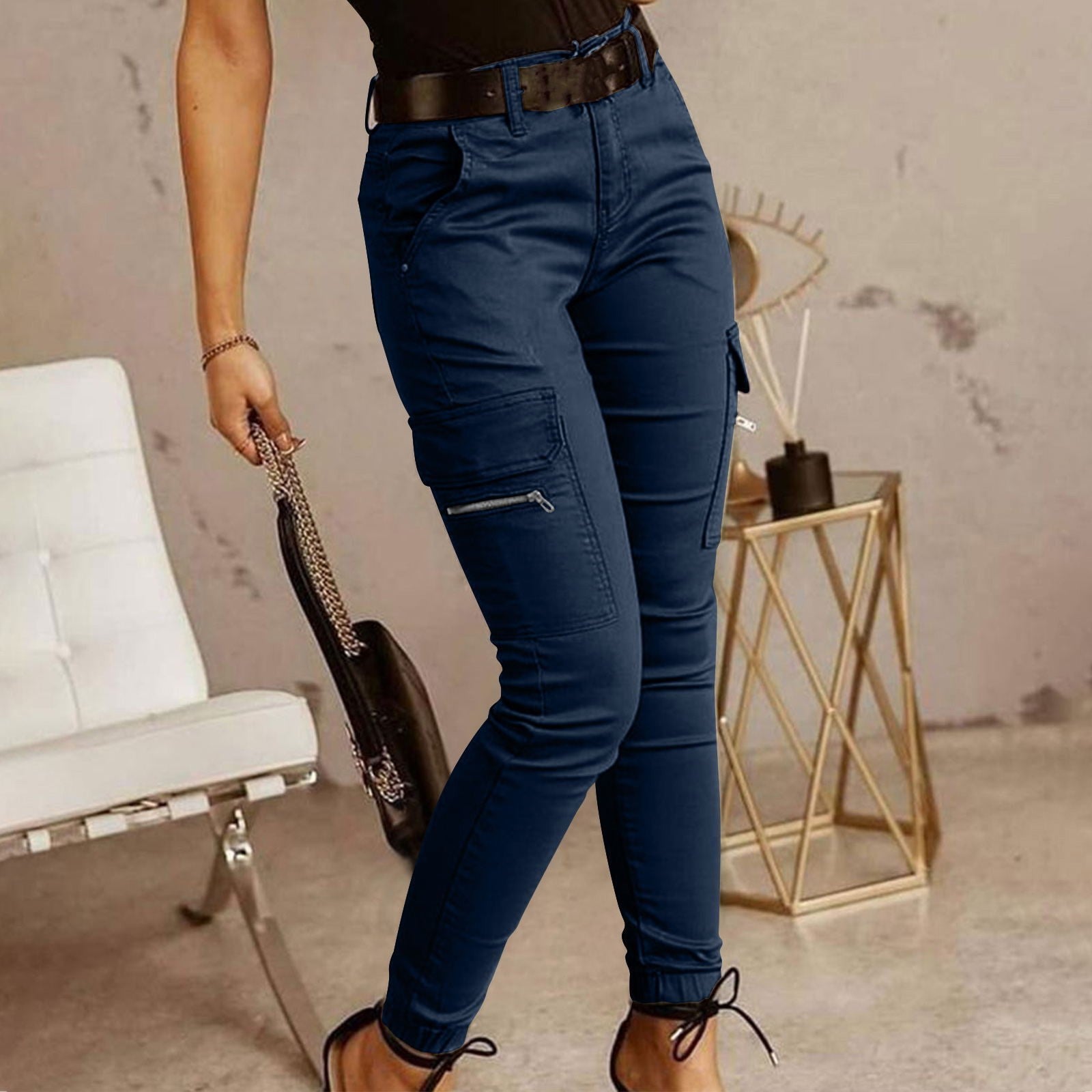 European And American Women's Trousers, Low-Waisted Buttons, Solid Colour Pockets