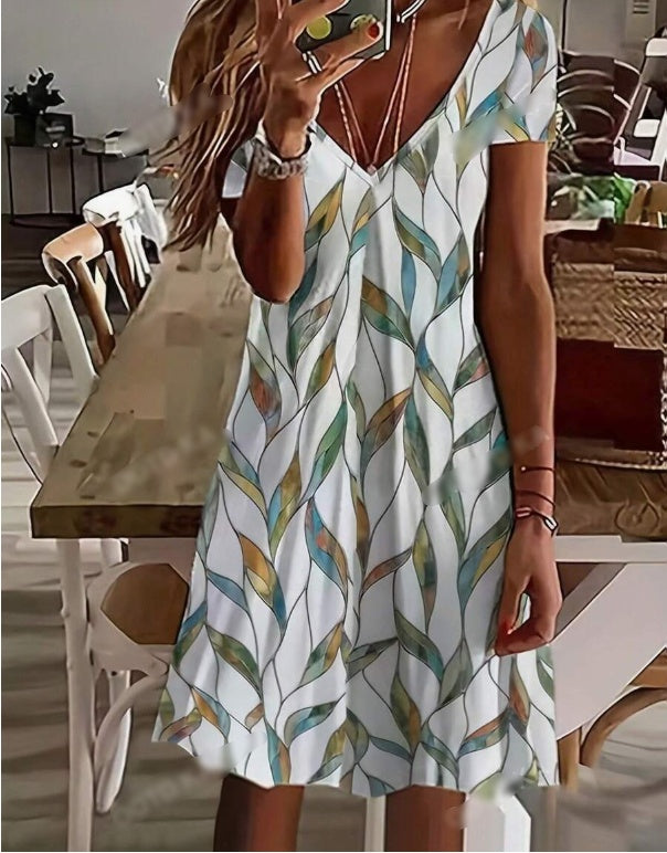 Women's Casual Resort V-Neck Leaf Print Short-Sleeved Dress For Ladies