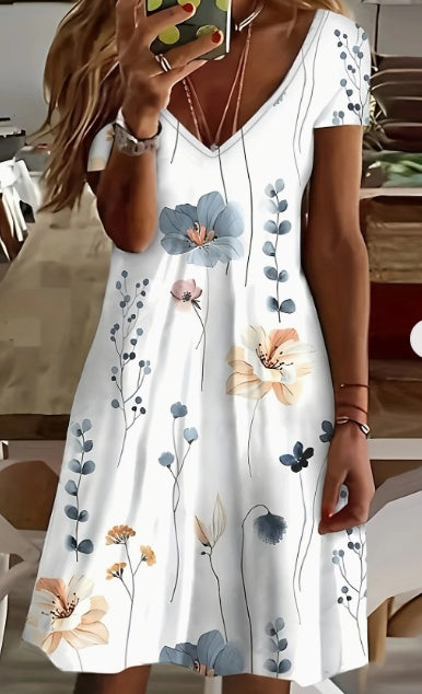 Women's Casual Resort V-Neck Leaf Print Short-Sleeved Dress For Ladies