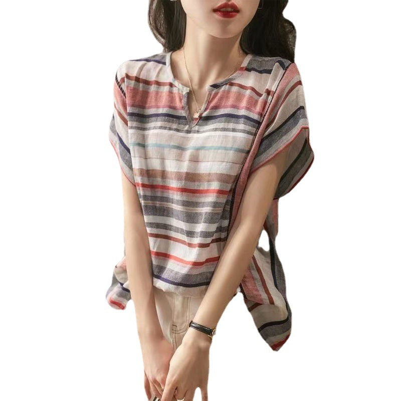 Women's Striped Shirt Short-Sleeve Loose
