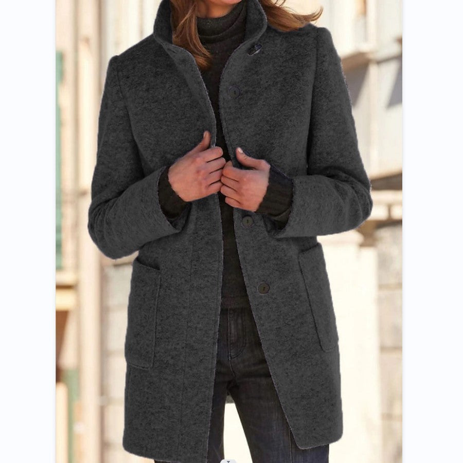 Women's Stand Collar Woollen Coat With Pockets and Suitable For Autumn & Winter - Ladies' Casual Button Outwear