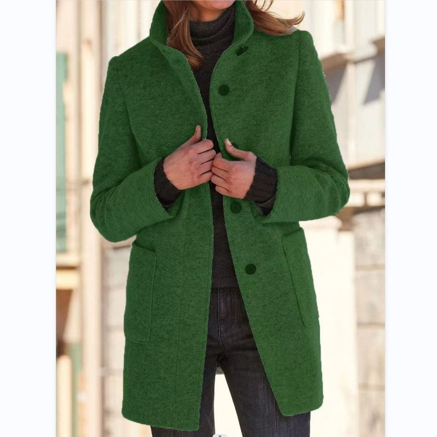 Women's Stand Collar Woollen Coat With Pockets and Suitable For Autumn & Winter - Ladies' Casual Button Outwear