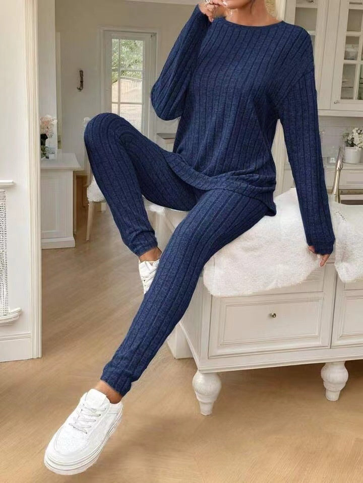 Fashion Casual Long Sleeve Split Irregular Round-Neck Shirt Trousers Suit