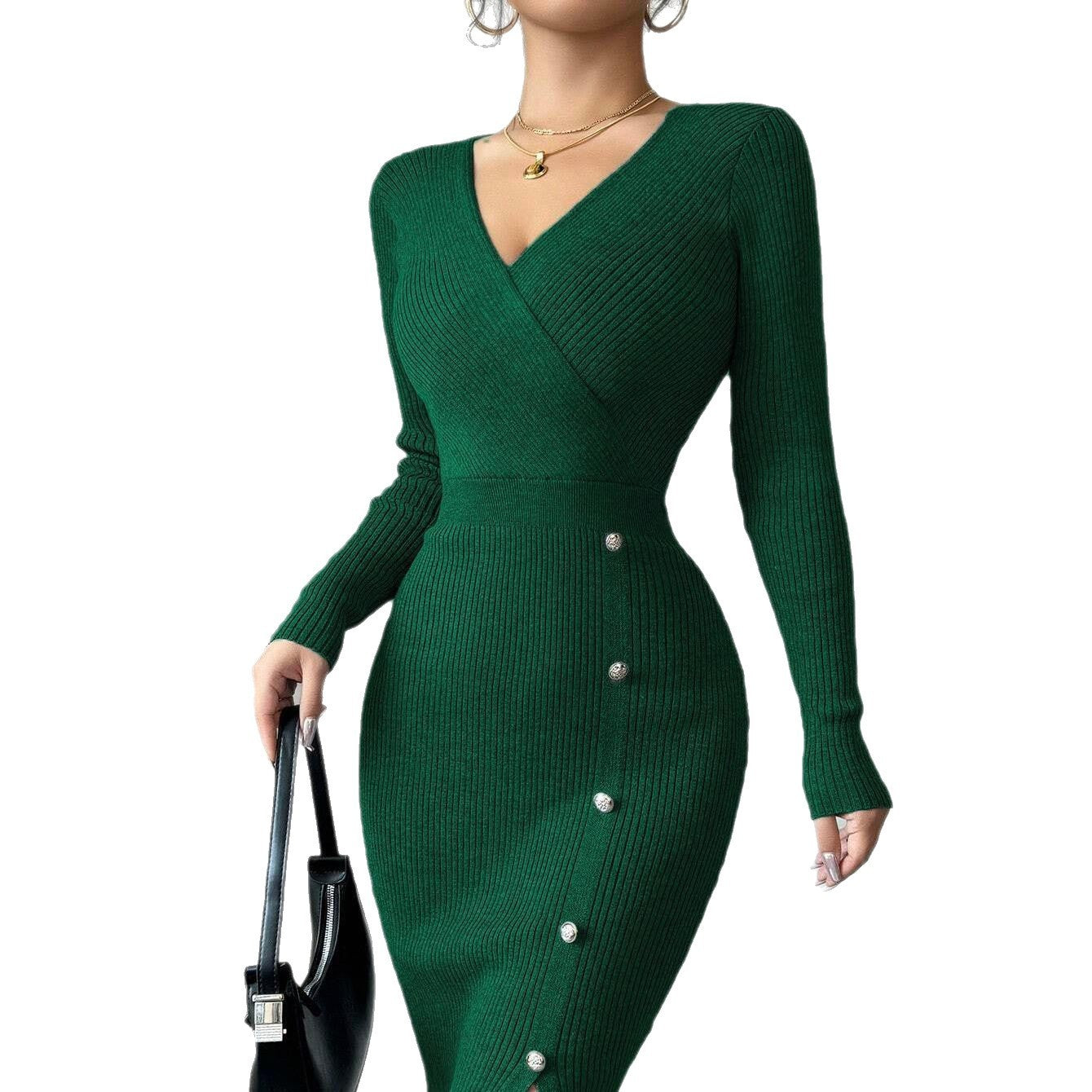 French Waist-Tight Mid-Length Sheath Inner Wear Base Skinny Knit Dress For Women