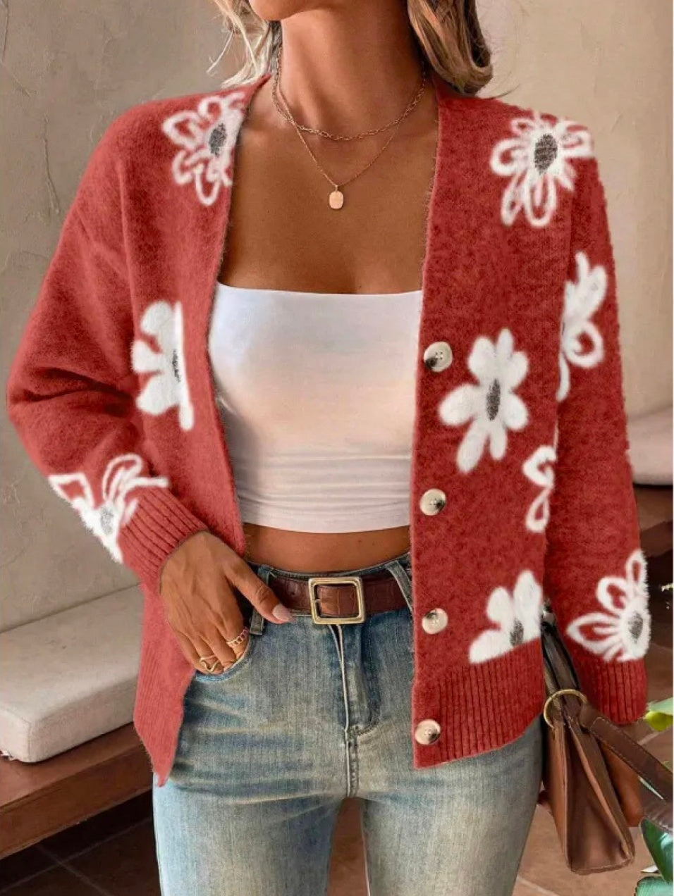 Women's Flowers Print Button Front Cardigan