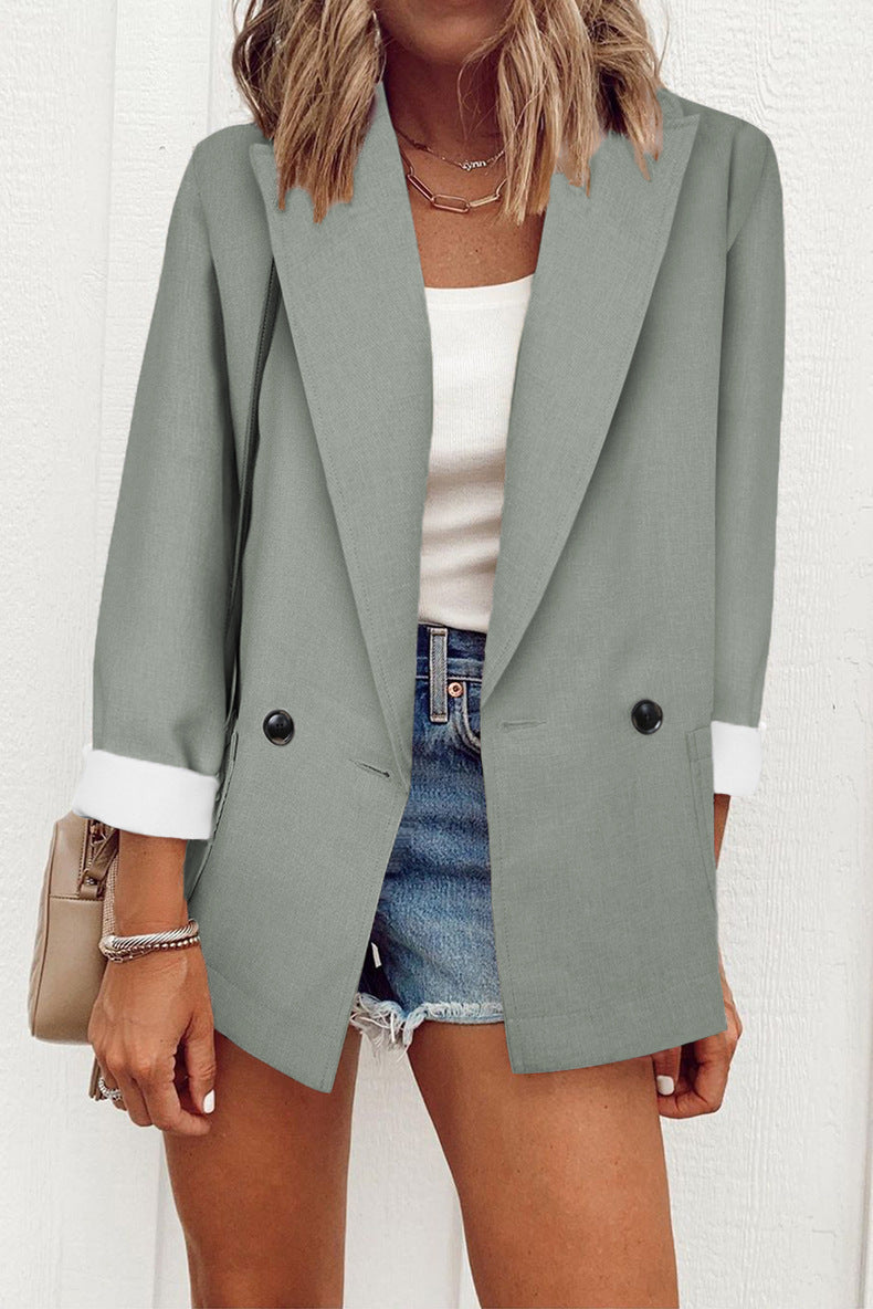 Women's Casual Solid Colour Suit With Collar - Long Sleeve Loose Coat