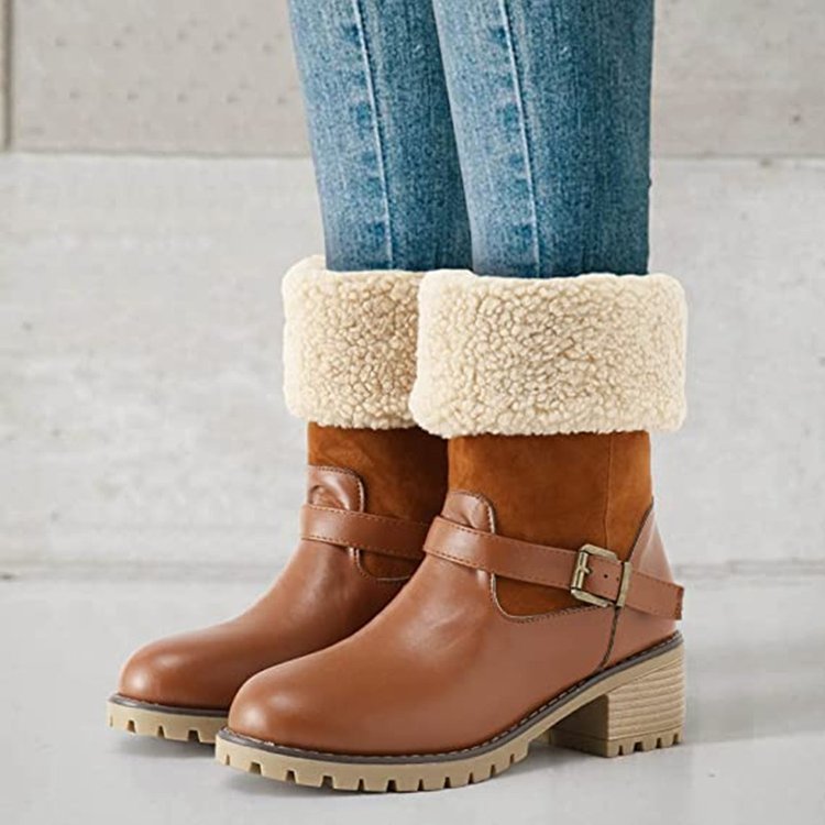 Women's Fashion Boots With Buckle - Chunky Heel Warm Winter Round Toe Shoes