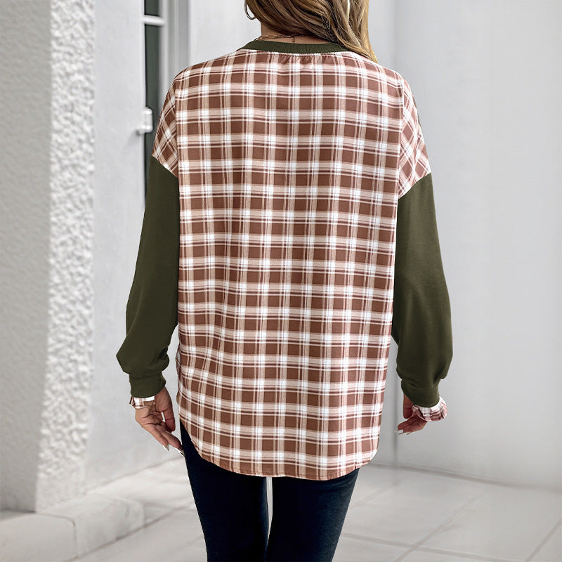 Women's Thin Plaid Stitching Crew Neck Pullover Sweatshirt