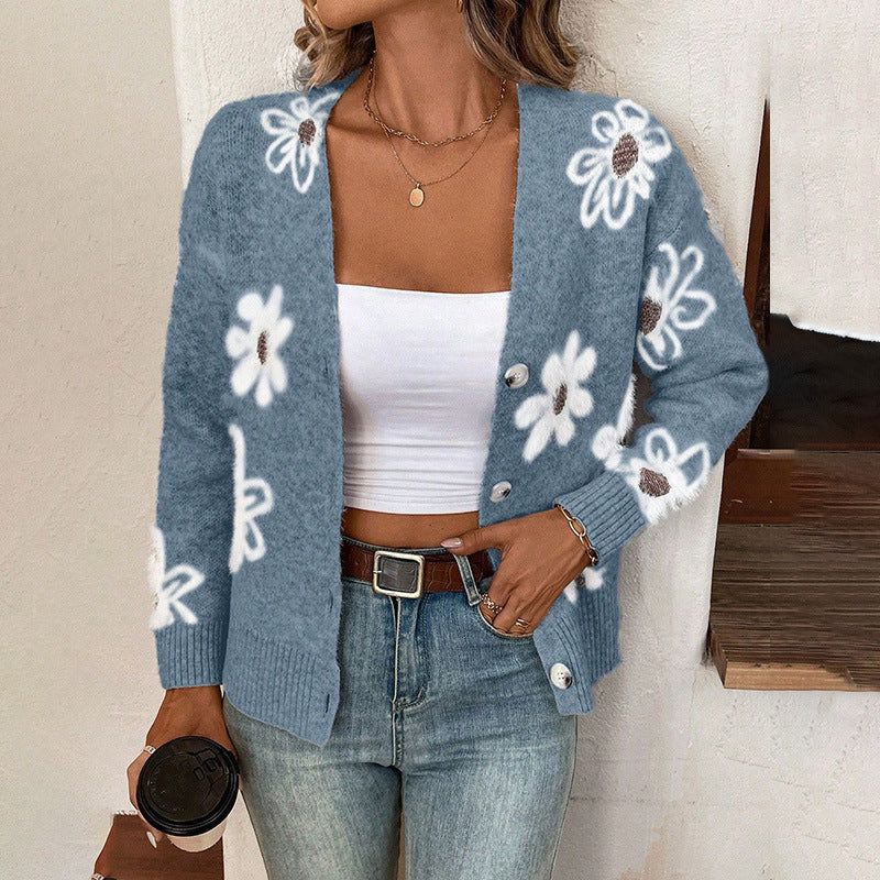 Women's Flowers Print Button Front Cardigan