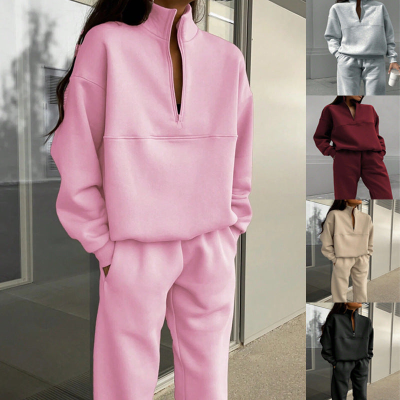 Women's Warm Long-Sleeved Sports Sweatshirt Suit - Stand-Up Collar Zip-Up Top And Elastic Band Trousers With Pocket