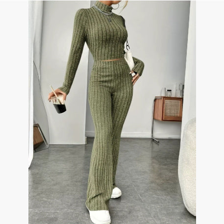 Long Sleeve Turtlenecks Wide Leg High Waist Trousers Suit For Women