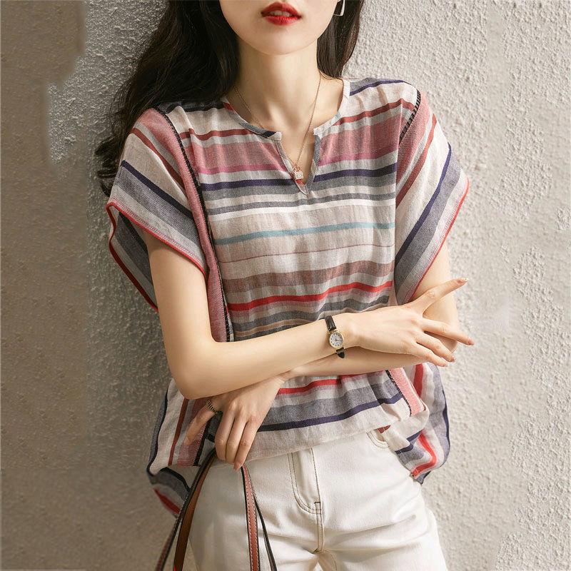 Women's Striped Shirt Short-Sleeve Loose