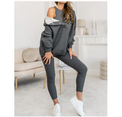 Women's Solid Colour Vest Hoodie And Pants Set
