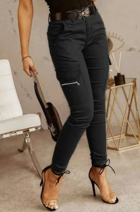 European And American Women's Trousers, Low-Waisted Buttons, Solid Colour Pockets