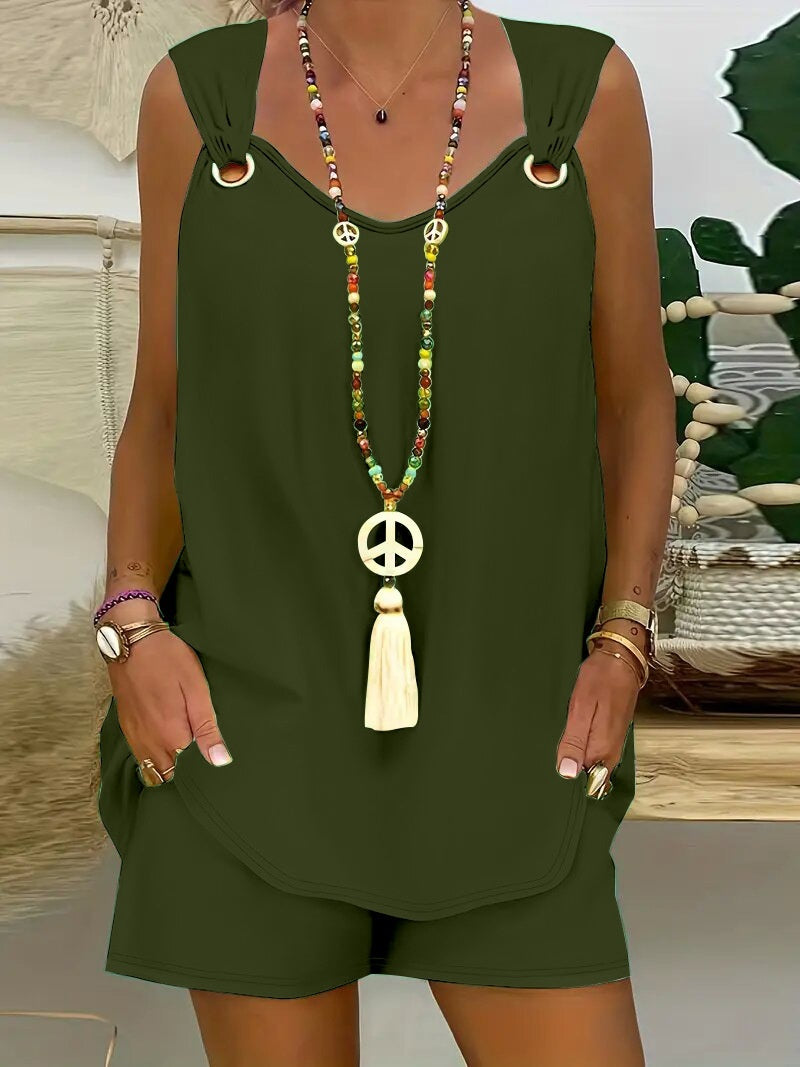 Elegant Solid Colour Sleeveless Casual Top Shorts Suit