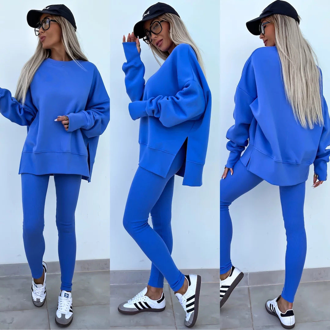 Women's Sweater Suit - Casual Loose Long Sleeve Crew Neck Split Top With Tight Trousers