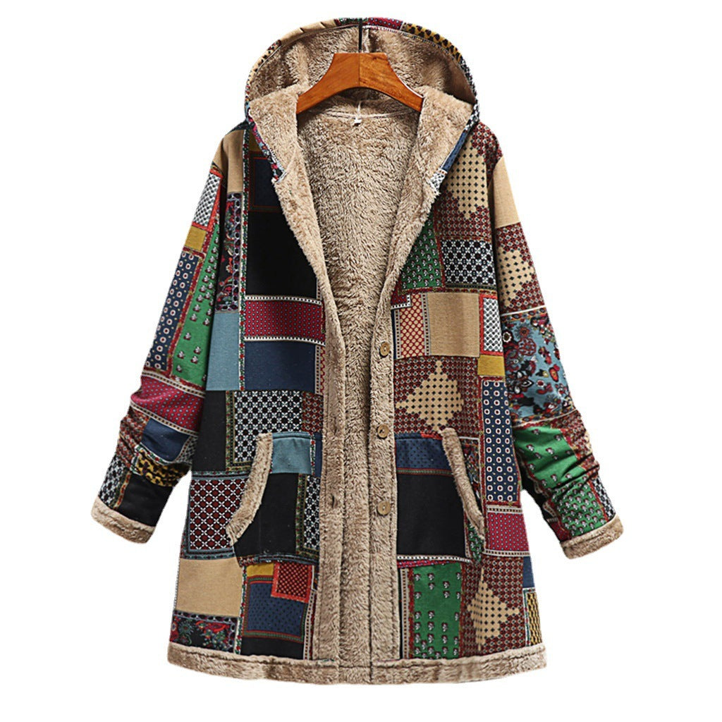 Women's Cotton And Linen Printed Hoodie, Warm Plush Coat For Ladies