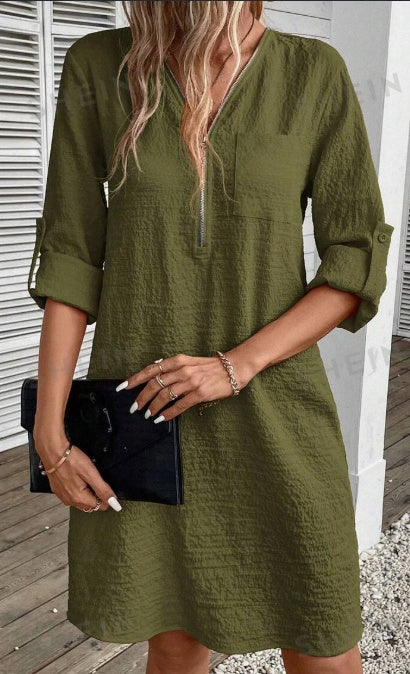 Women's Textured Zipper Half-Buttoned Dress With Patch Pockets For Ladies