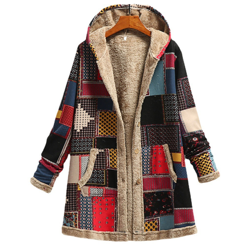 Women's Cotton And Linen Printed Hoodie, Warm Plush Coat For Ladies
