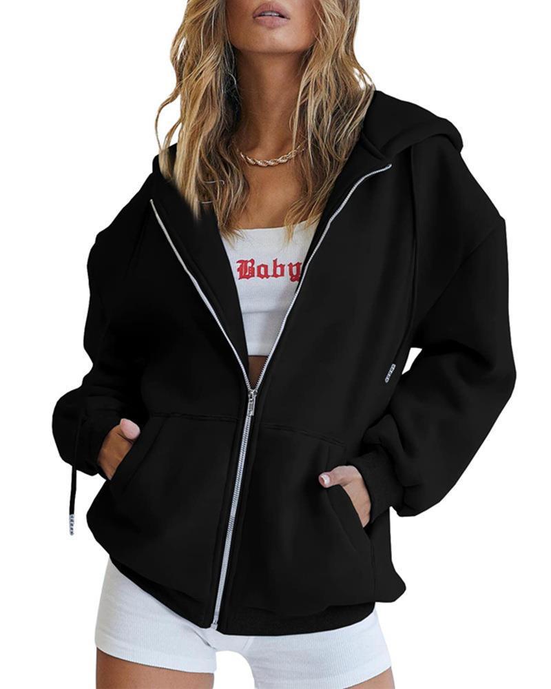 Women's Fashion Casual Solid Colour Drawstring Zipper Hooded Sweatshirt