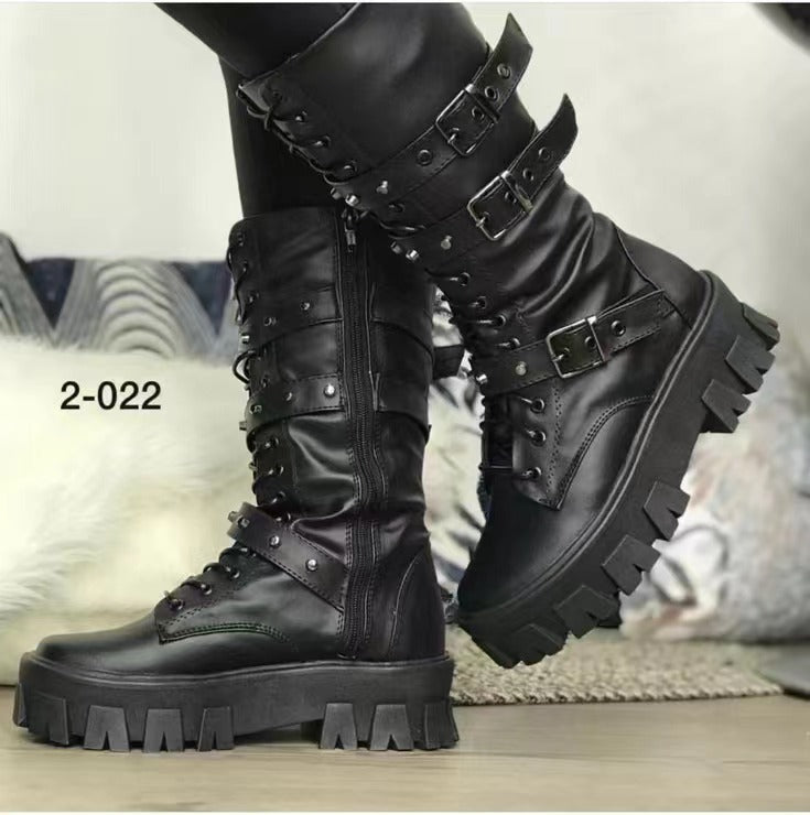 Women's Martin Lace-Up Combat Boot - Mid Calf Platform Boots