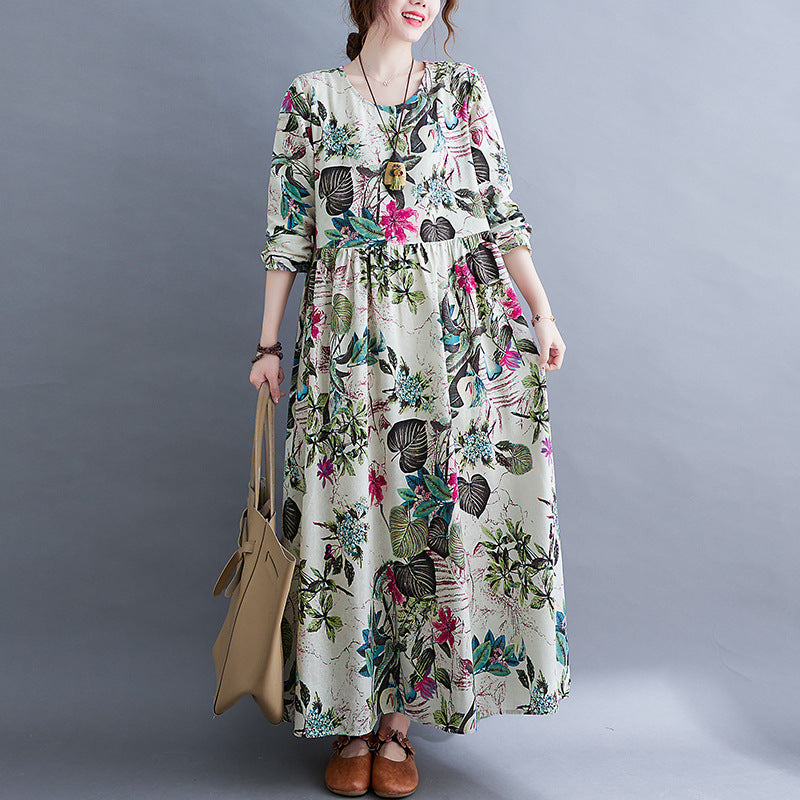 Literary Plus Size Printed Long Sleeve Dress For Women