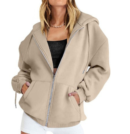 Women's Fashion Casual Solid Colour Drawstring Zipper Hooded Sweatshirt