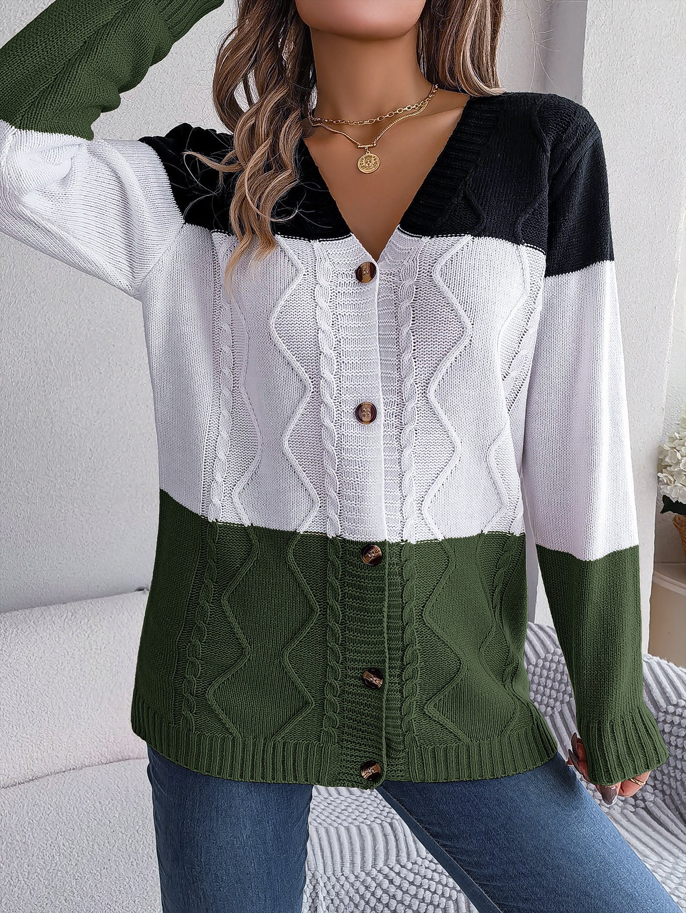 Women's Casual Contrast Colour Button Long Sleeve Sweater