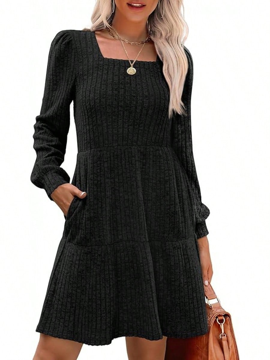 Women's Solid Colour Round Neck Knitted Dress Sweater