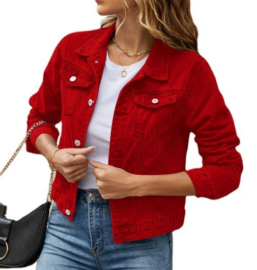 Solid Colour Fashion Slim Lapel Denim Jacket For Women