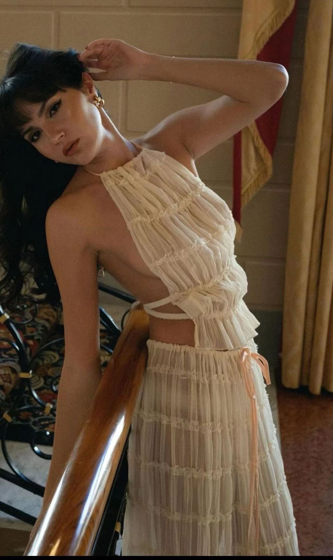 Women's 2Pcs Dress Suit Sexy Sleeveless Backless Cropped Halter Top And Pleated Long Skirt For Beach