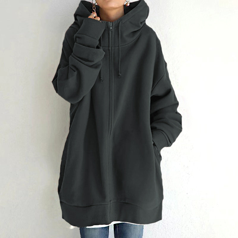 Women's Oversized Loose Hooded Coats, Autumn Tie Collar Long Sleeve Zipper Up And Velvet Long Sweatshirt Sizes S-5XL