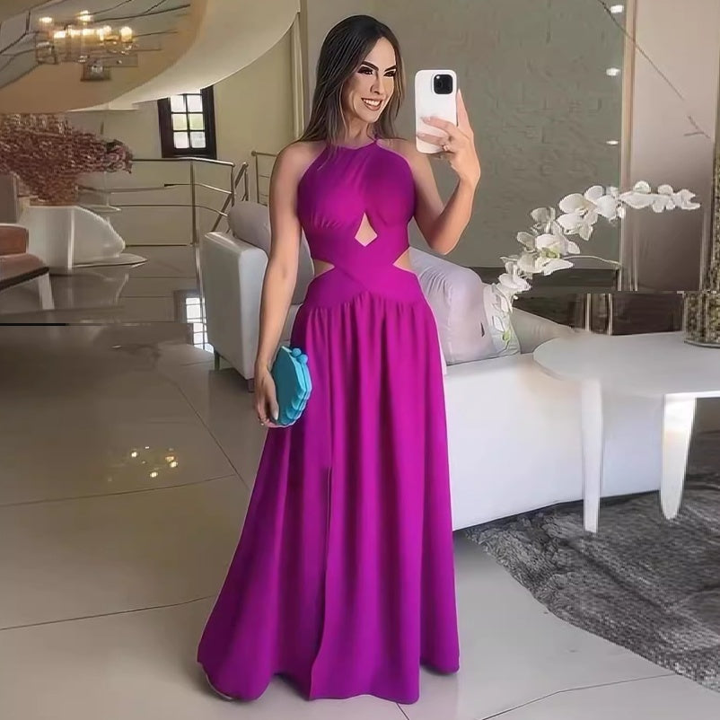 Women's Velvet Slim Fit Pleated Round Neck Dress Waist-Tight Pleating Hip-Wrapped