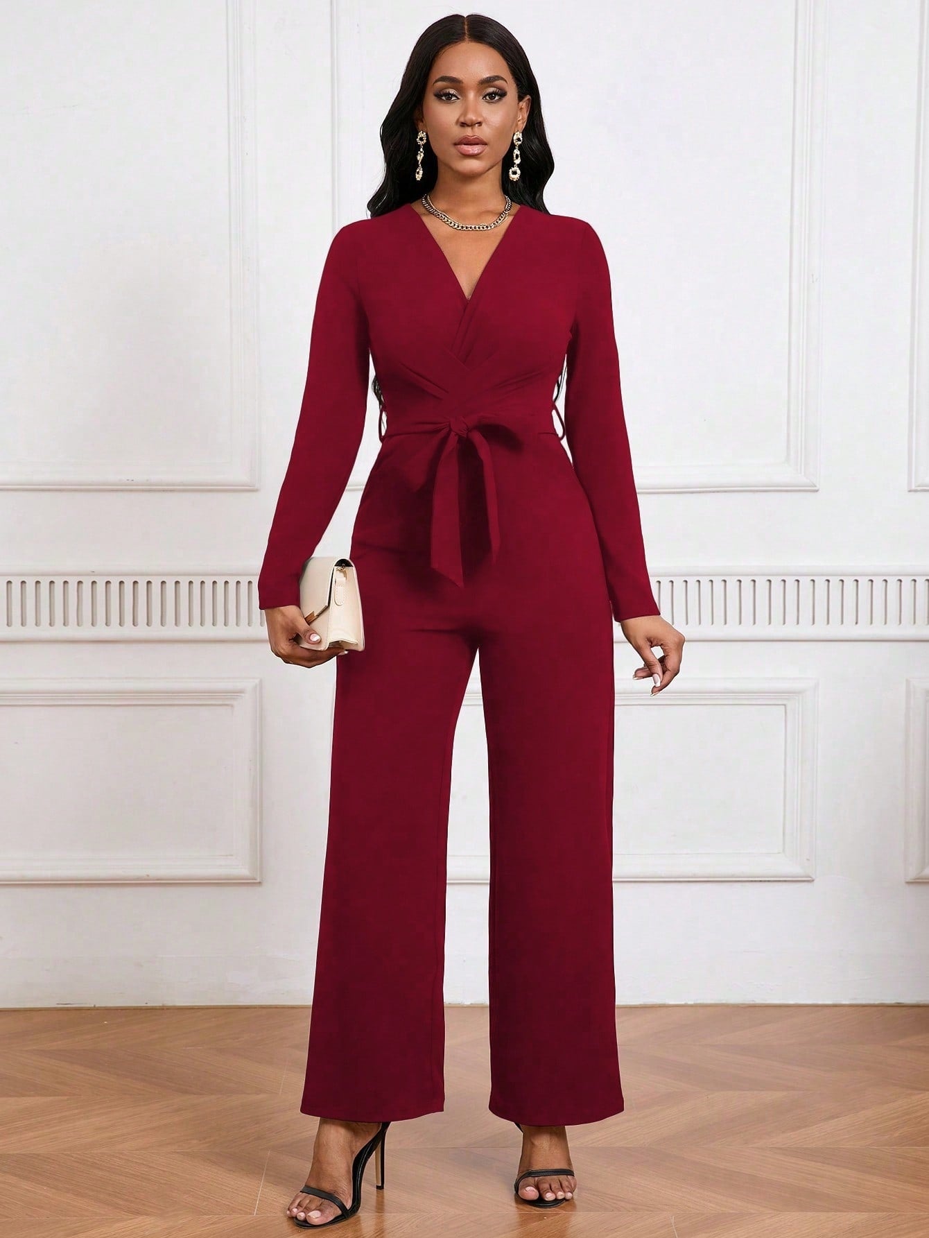 Simple And Stylish Elegant Commuting Long Sleeve Straight Jumpsuit With V-neck - Cross Pleated And Tie-Up Casual Jumpsuit