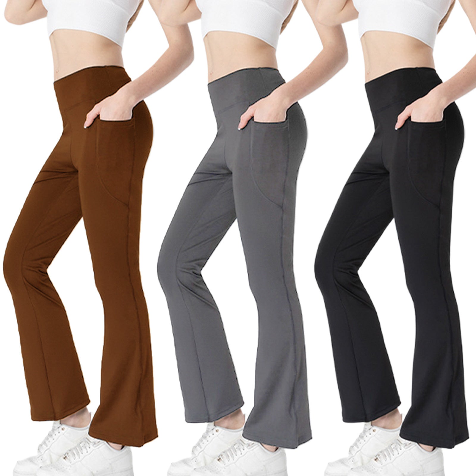Ladies Mid Waist Abdominal-Shaping Slimming Cropped Pants - Casual Pocket Bootcut Trousers