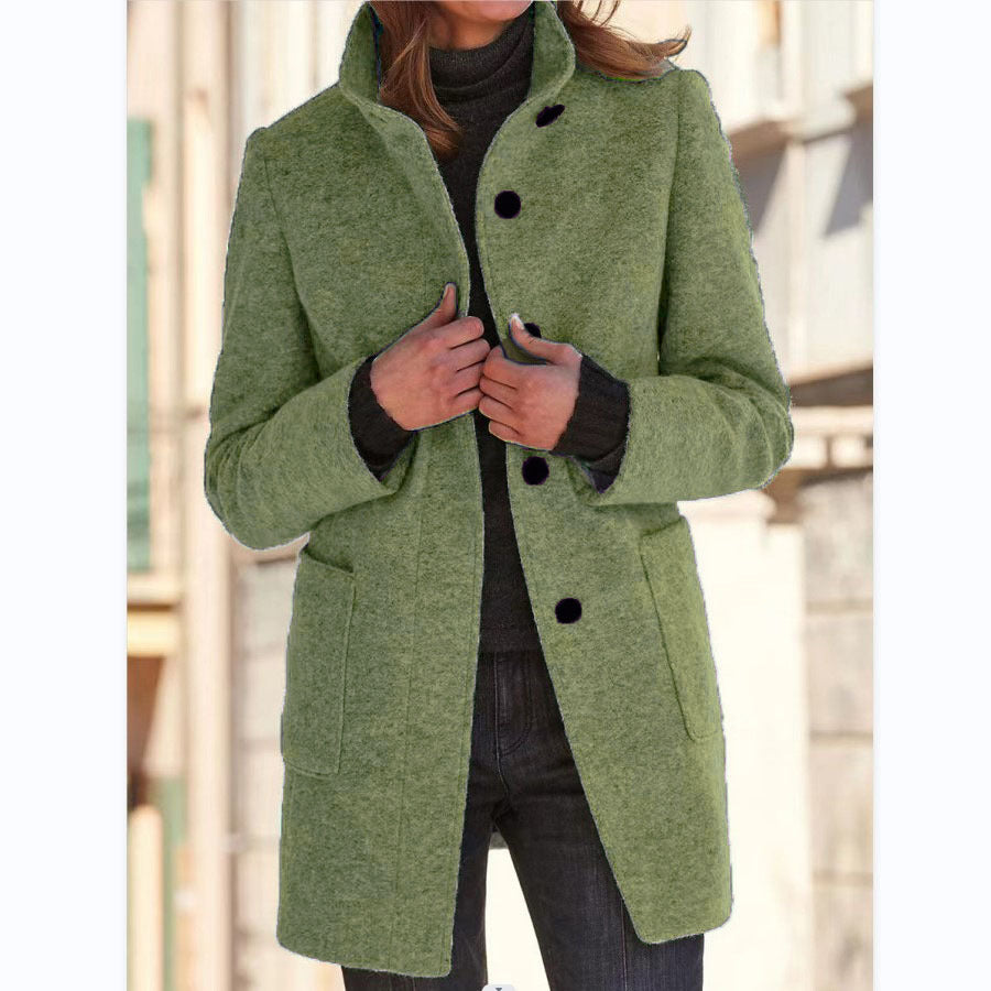 Women's Stand Collar Woollen Coat With Pockets and Suitable For Autumn & Winter - Ladies' Casual Button Outwear
