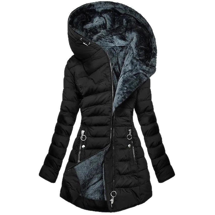 Hooded Long-Sleeved Warm and Velvet Cotton Jacket For Women