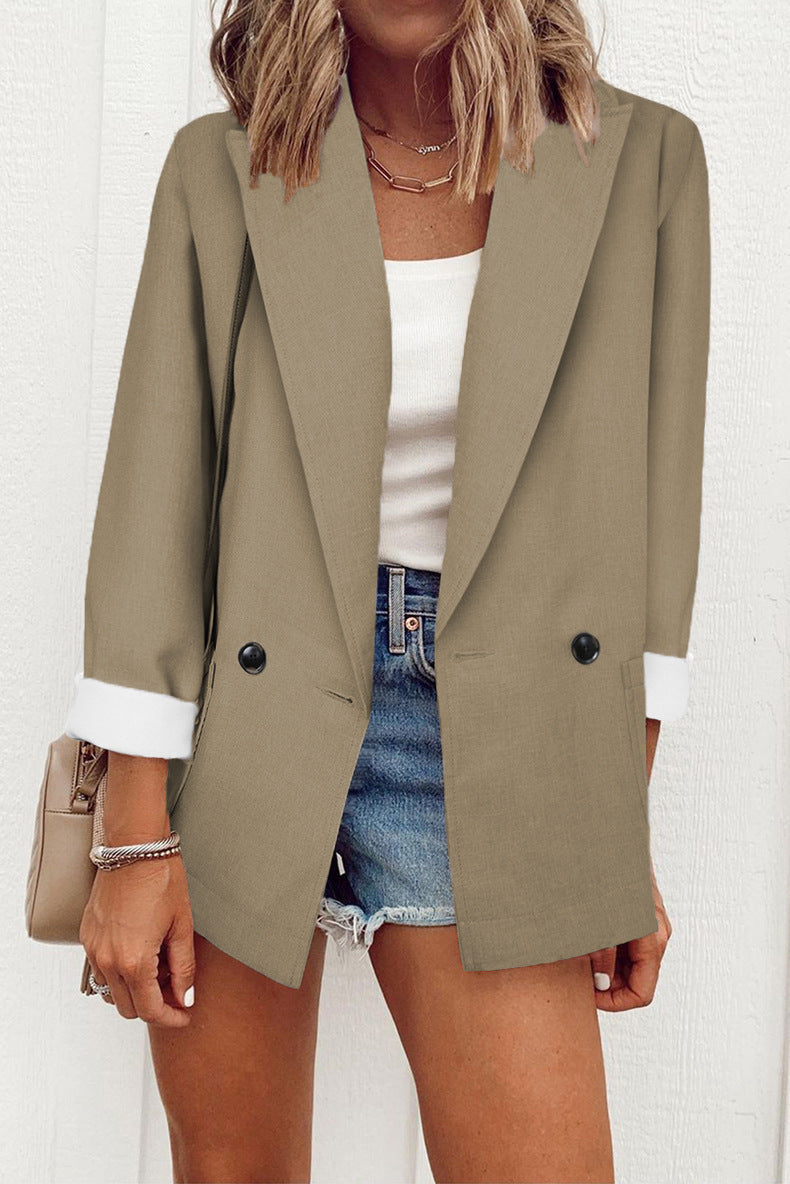 Women's Casual Solid Colour Suit With Collar - Long Sleeve Loose Coat