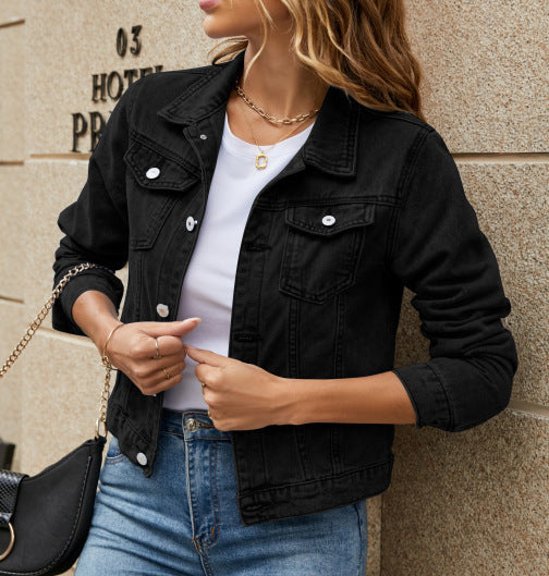Solid Colour Fashion Slim Lapel Denim Jacket For Women