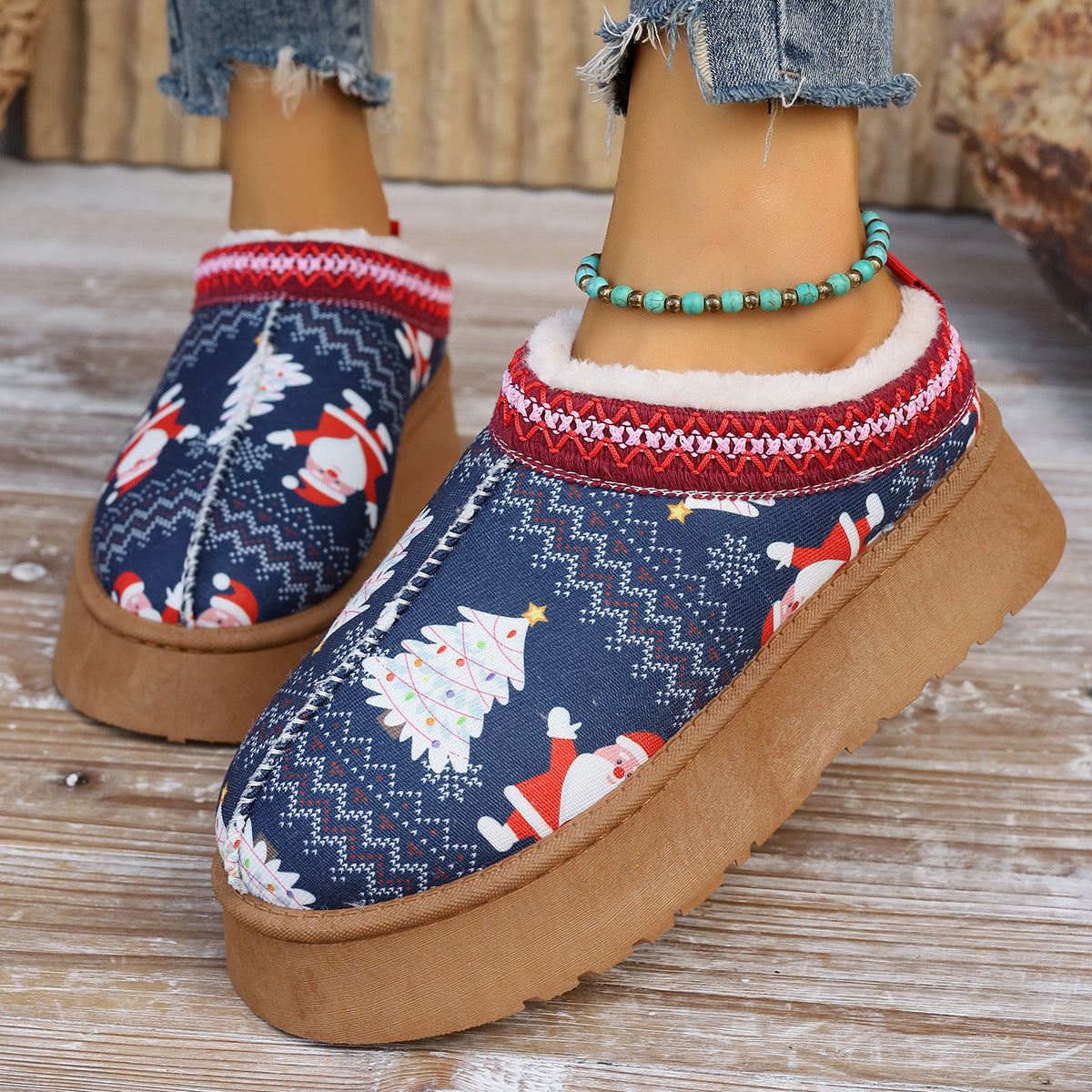 Women's Winter Cartoon Christmas Print Ankle Boots - Casual Slip On Plush Lined Comfortable Home Shoes