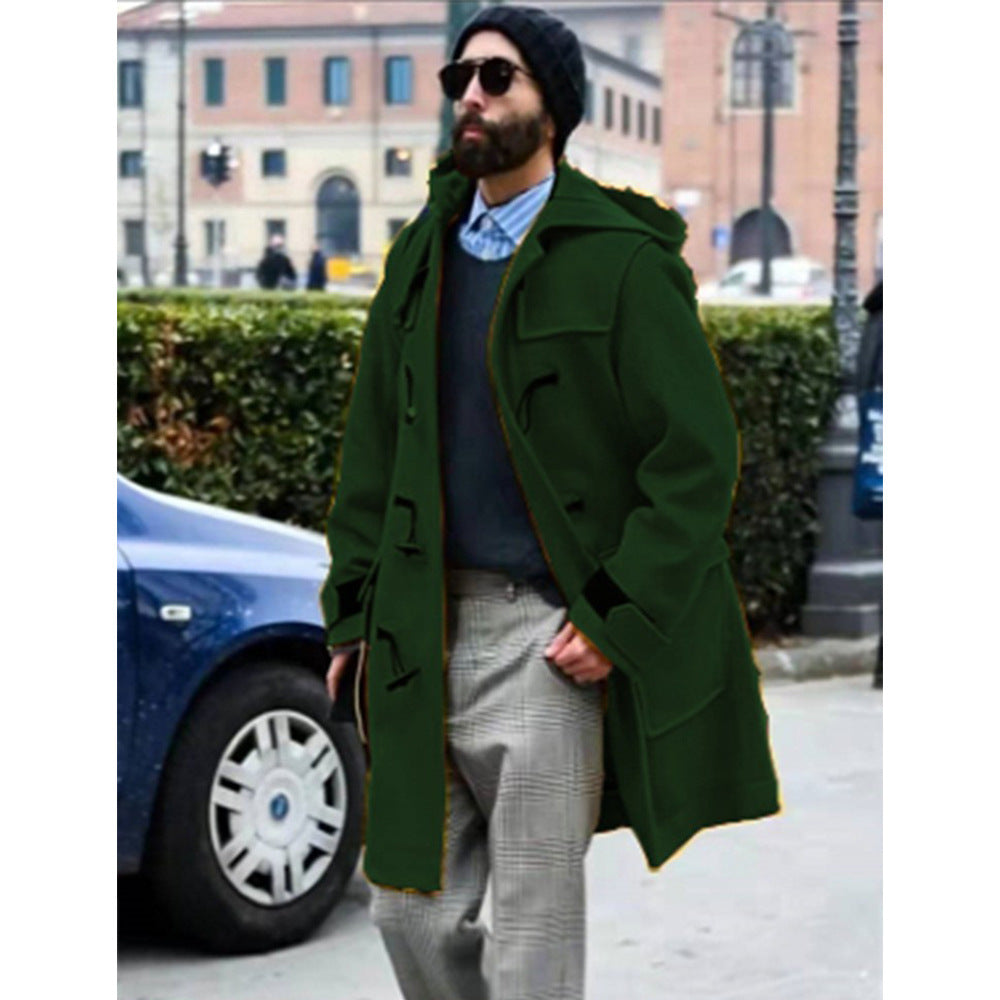 Men's Retro Horn Button Hooded Woollen Trench Coat