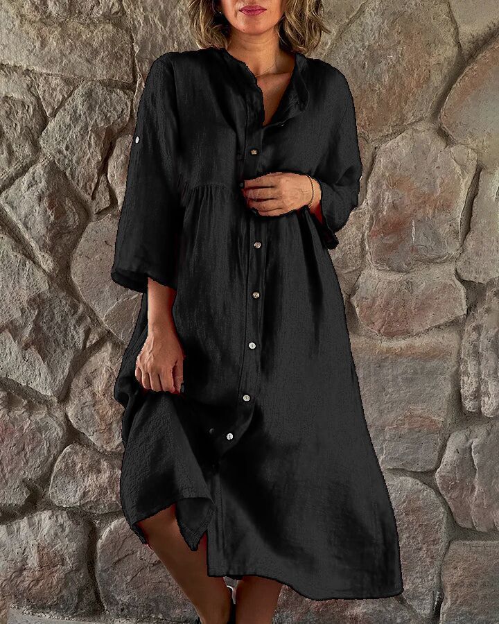Women's Casual Standing Collar Button Long Dress