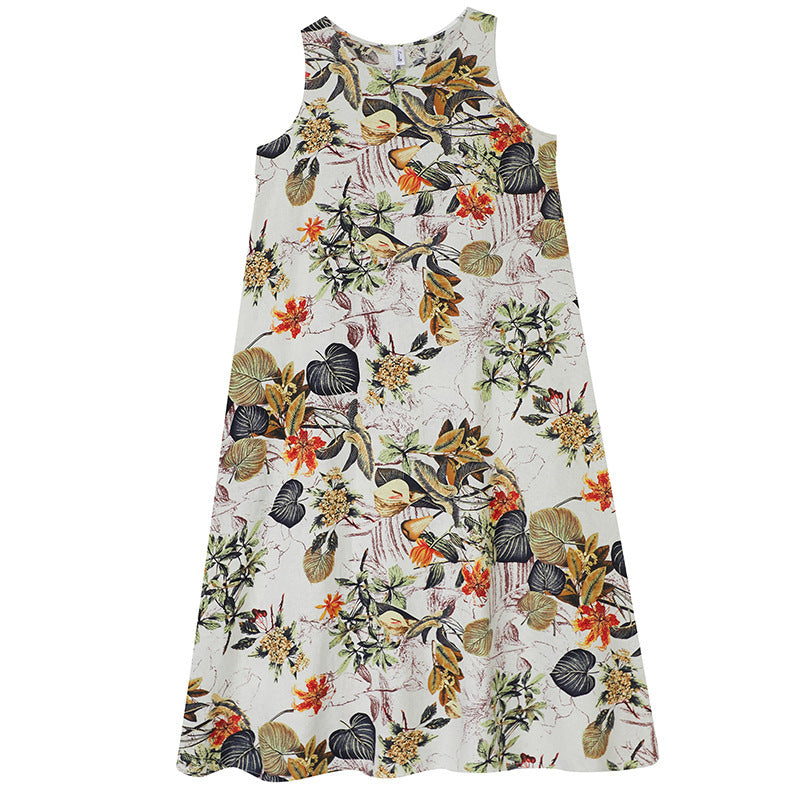 Women's Printed Cotton Linen Round Neck Sleeveless Dress