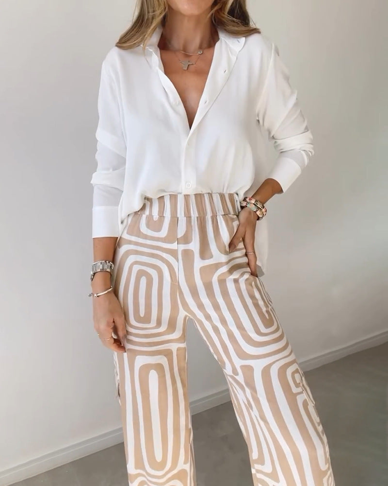 Women's Casual Long-Sleeved Lapel Shirt Printed Wide-Leg Pants Suit