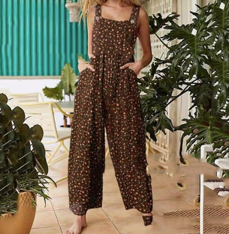 Patchwork Printed Button Suspender Jumpsuit For Women