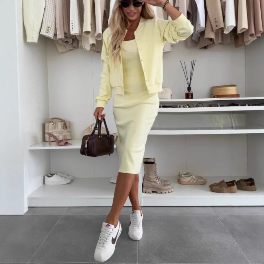 Women's Two-Piece Set Solid Colour Sling Dress - Cardigan Outerwear Top With Long Dress